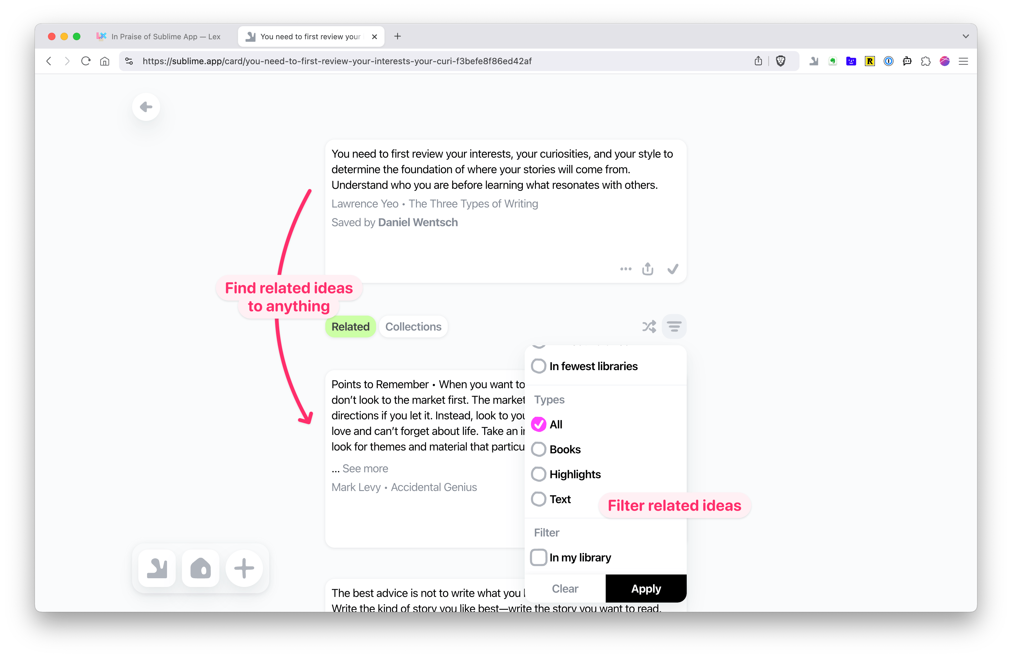 Sublime browser extension showing related cards